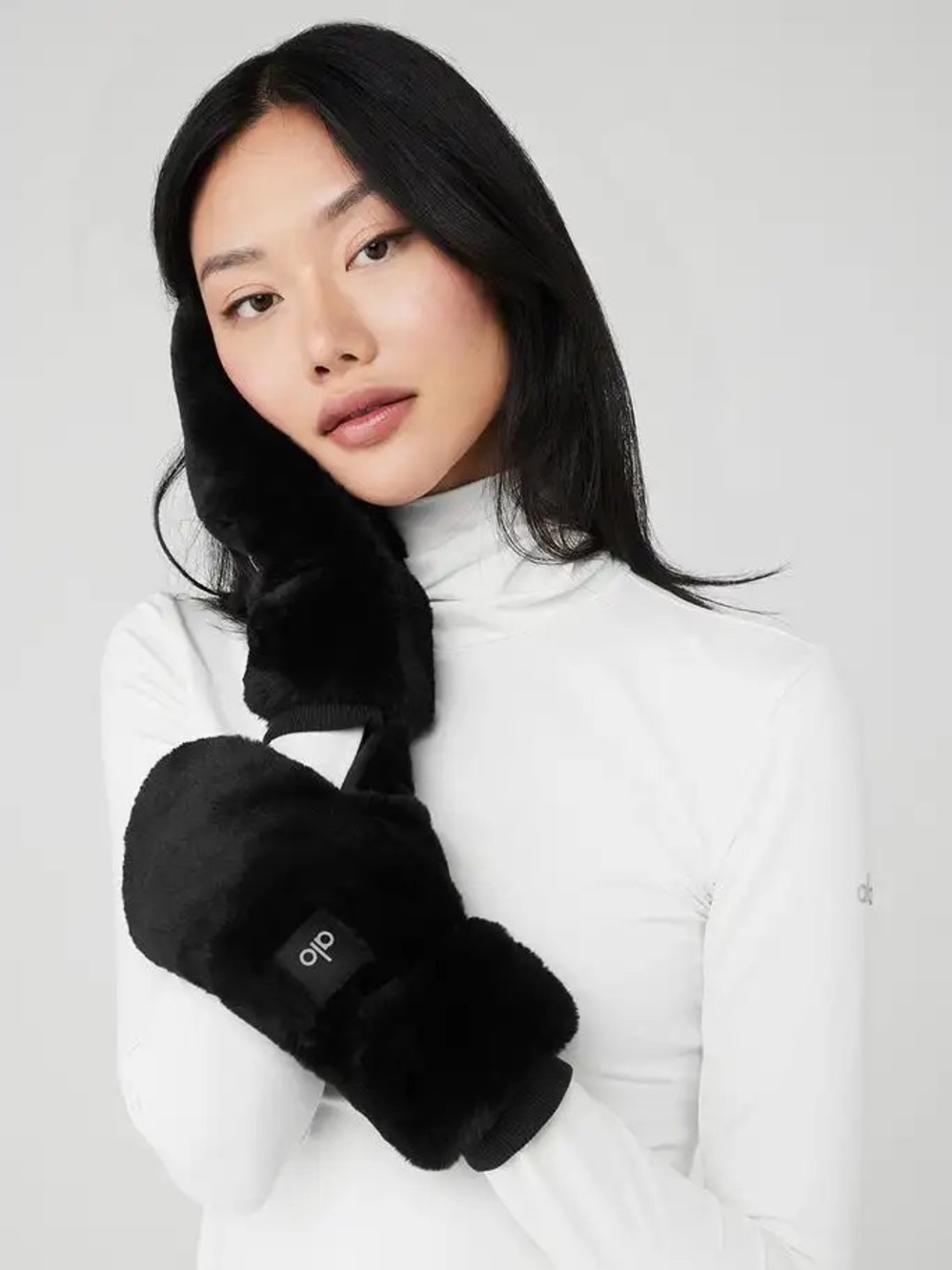 ALO Yoga Black Faux-Fur Mittens with Logo Patch